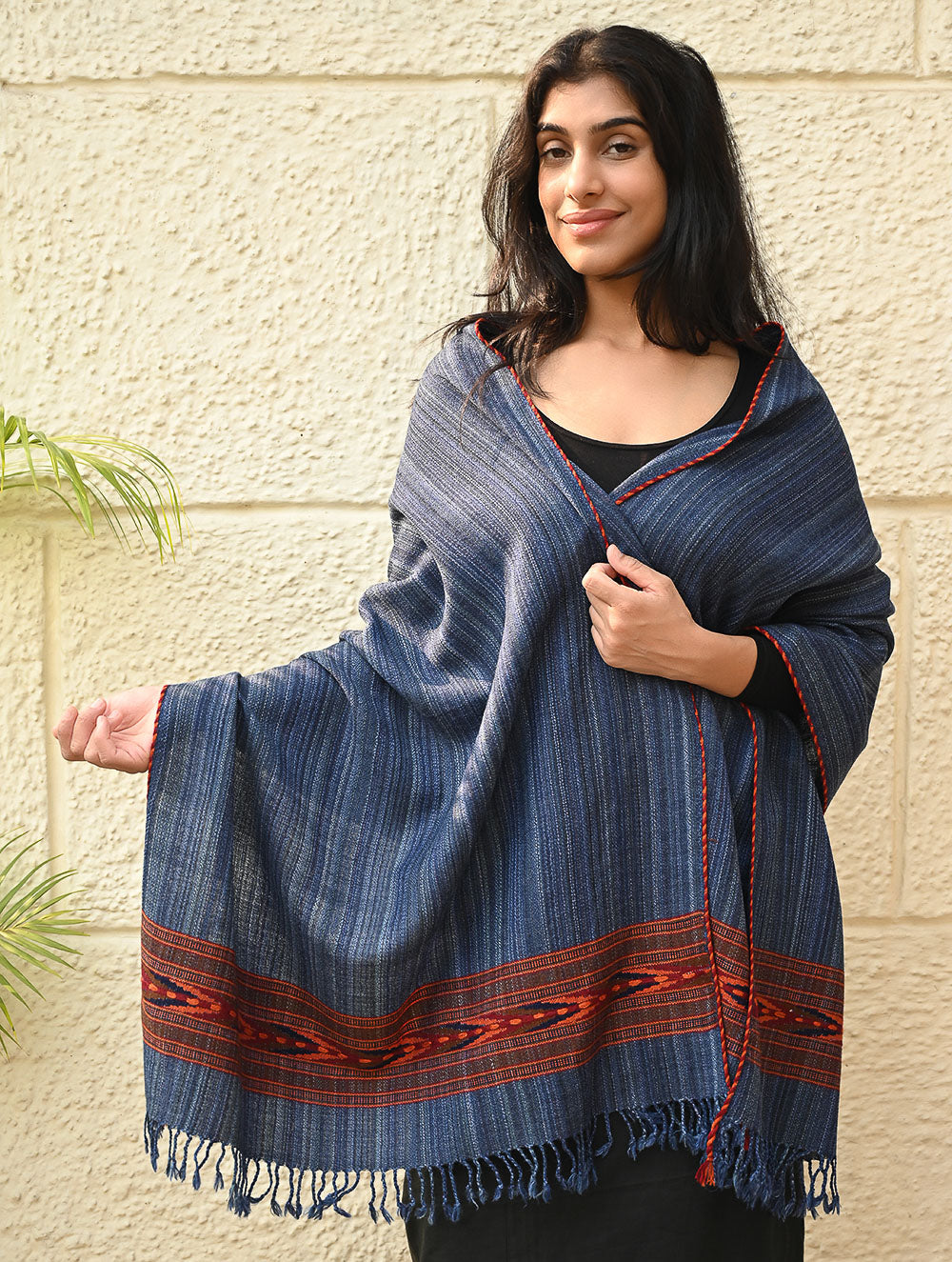 Load image into Gallery viewer, Exclusive Soft Himachal Wool Stole with Woven Border - Indigo Glen