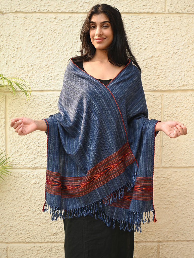 Exclusive Soft Himachal Wool Stole with Woven Border - Indigo Glen