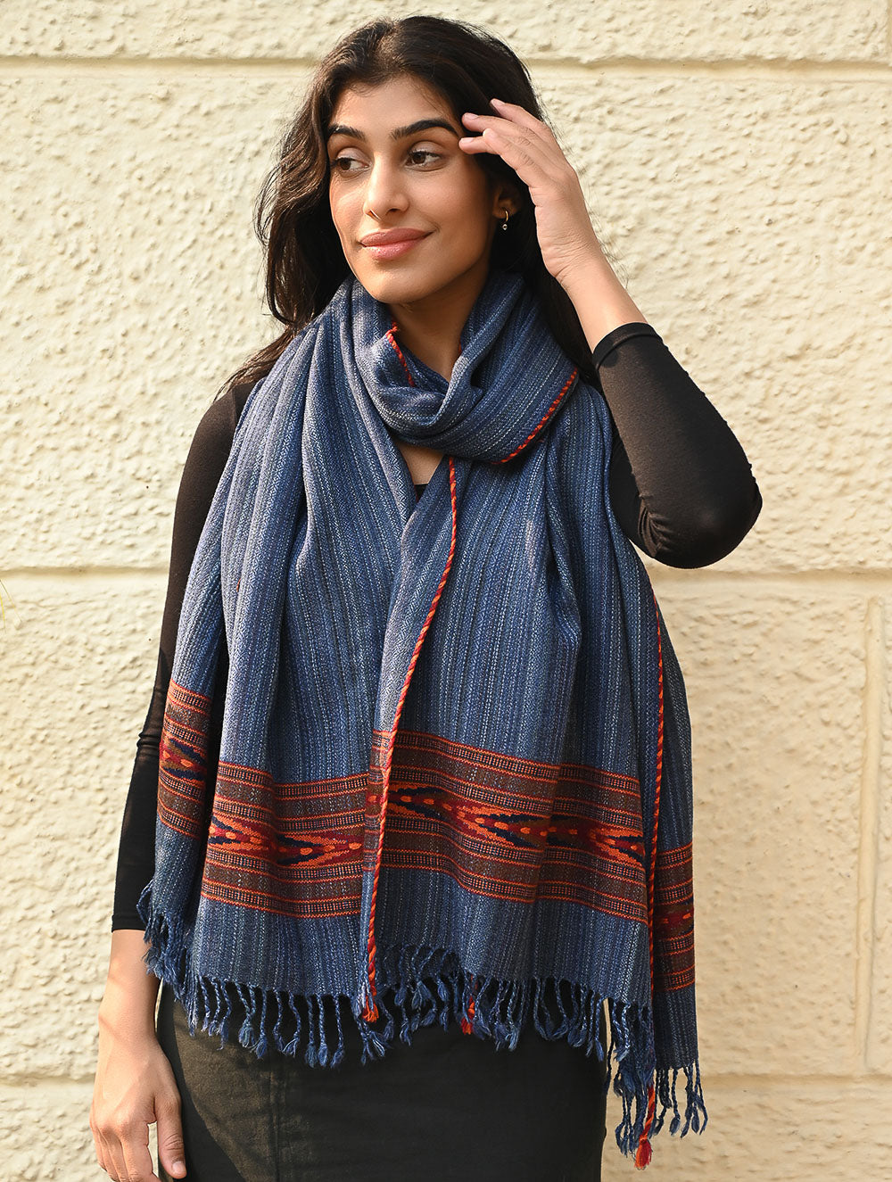 Load image into Gallery viewer, Exclusive Soft Himachal Wool Stole with Woven Border - Indigo Glen