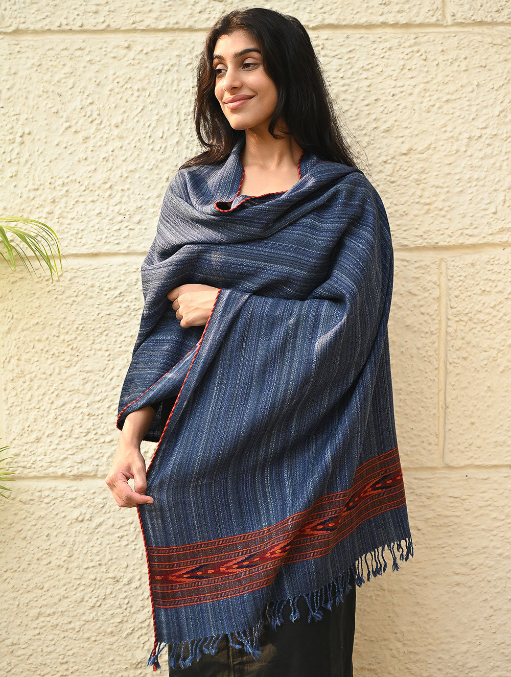 Load image into Gallery viewer, Exclusive Soft Himachal Wool Stole with Woven Border - Indigo Glen