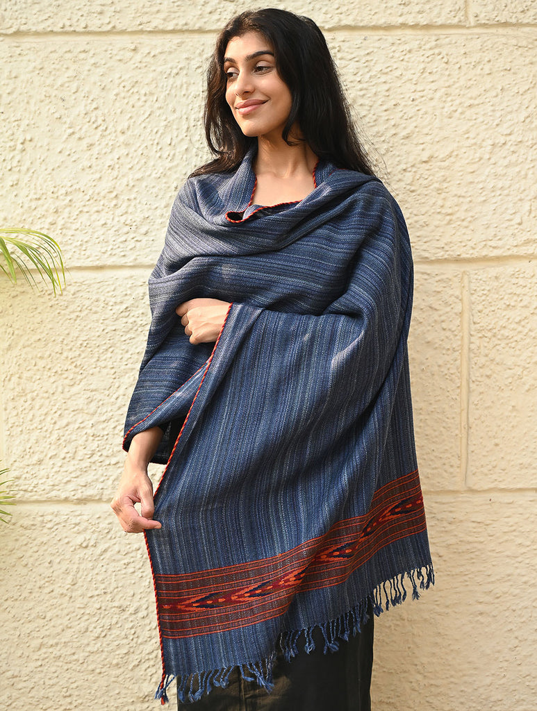 Exclusive Soft Himachal Wool Stole with Woven Border - Indigo Glen