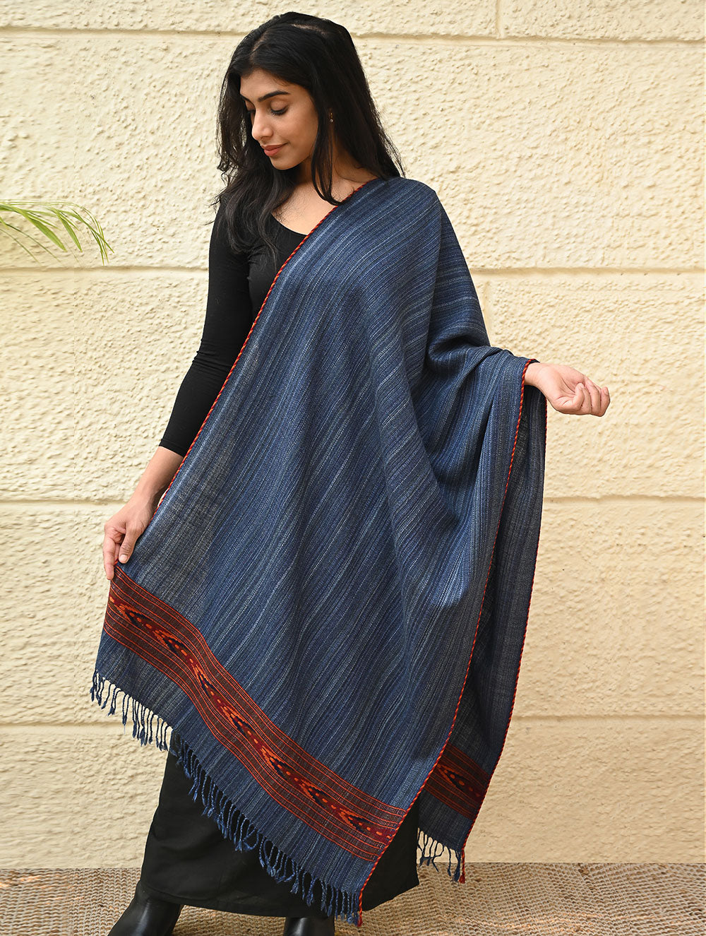 Load image into Gallery viewer, Exclusive Soft Himachal Wool Stole with Woven Border - Indigo Trail