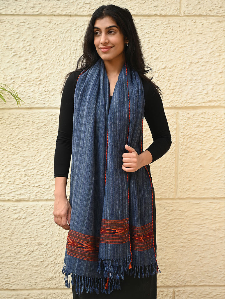 Exclusive Soft Himachal Wool Stole with Woven Border - Indigo Trail
