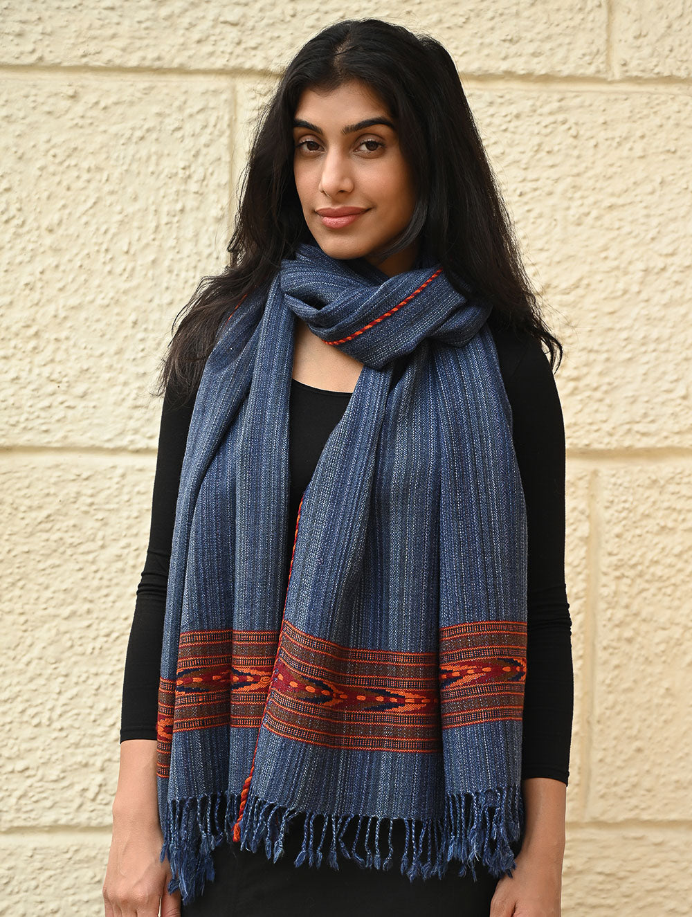 Load image into Gallery viewer, Exclusive Soft Himachal Wool Stole with Woven Border - Indigo Trail