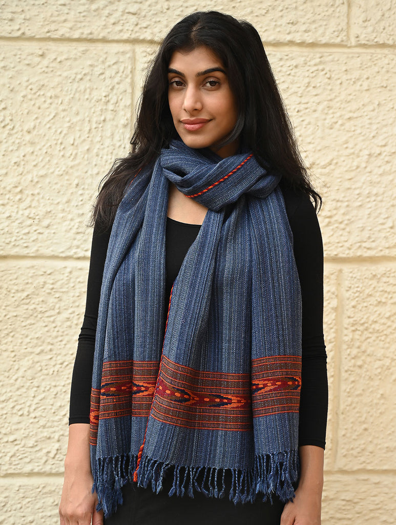 Exclusive Soft Himachal Wool Stole with Woven Border - Indigo Trail