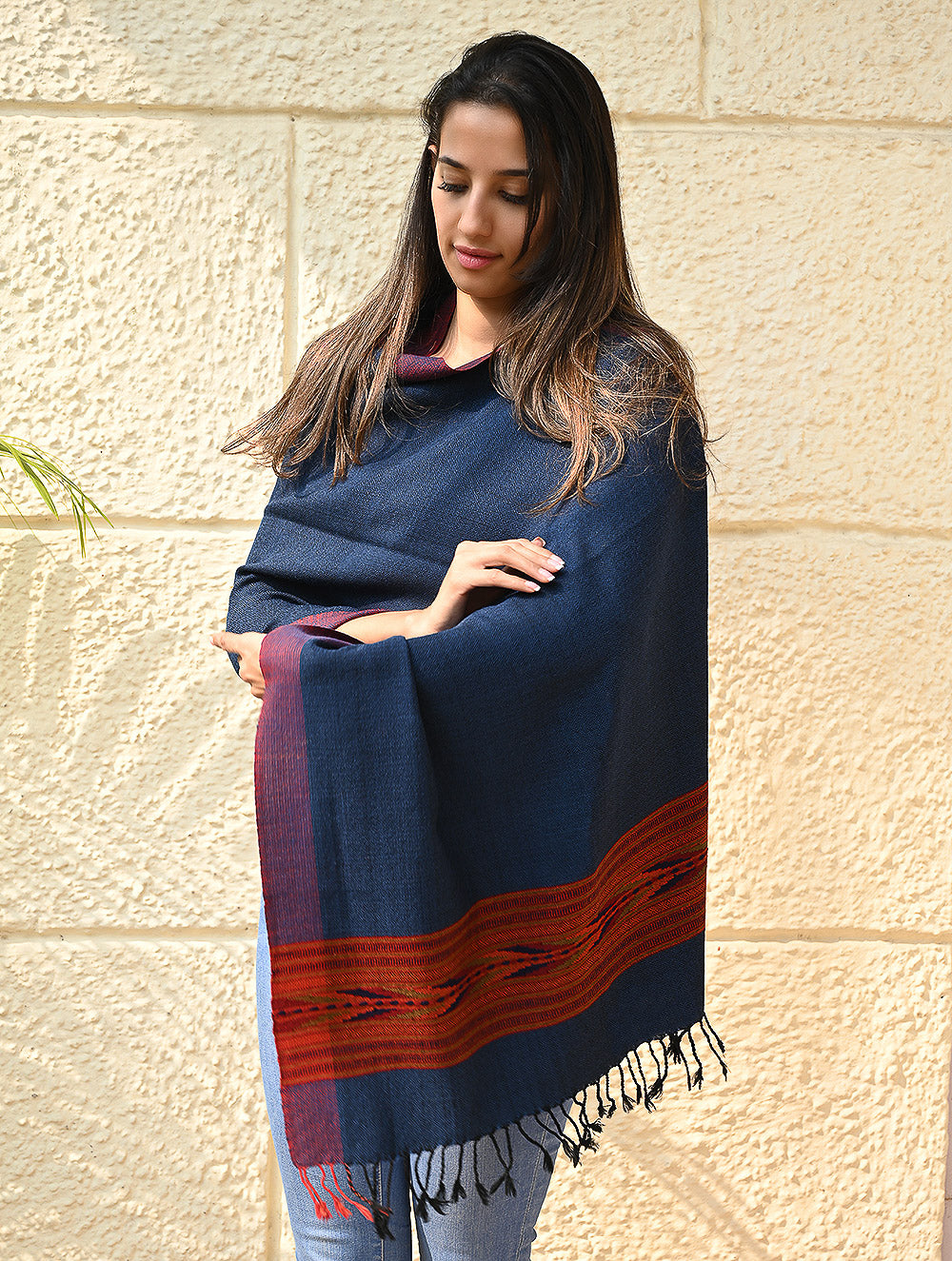 Load image into Gallery viewer, Exclusive Soft Himachal Wool Stole with Woven Border - Midnight Navy
