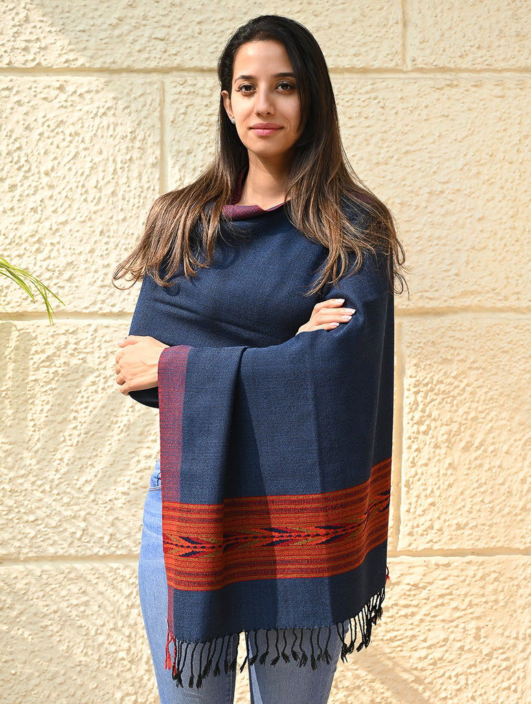 Exclusive Soft Himachal Wool Stole with Woven Border - Midnight Navy
