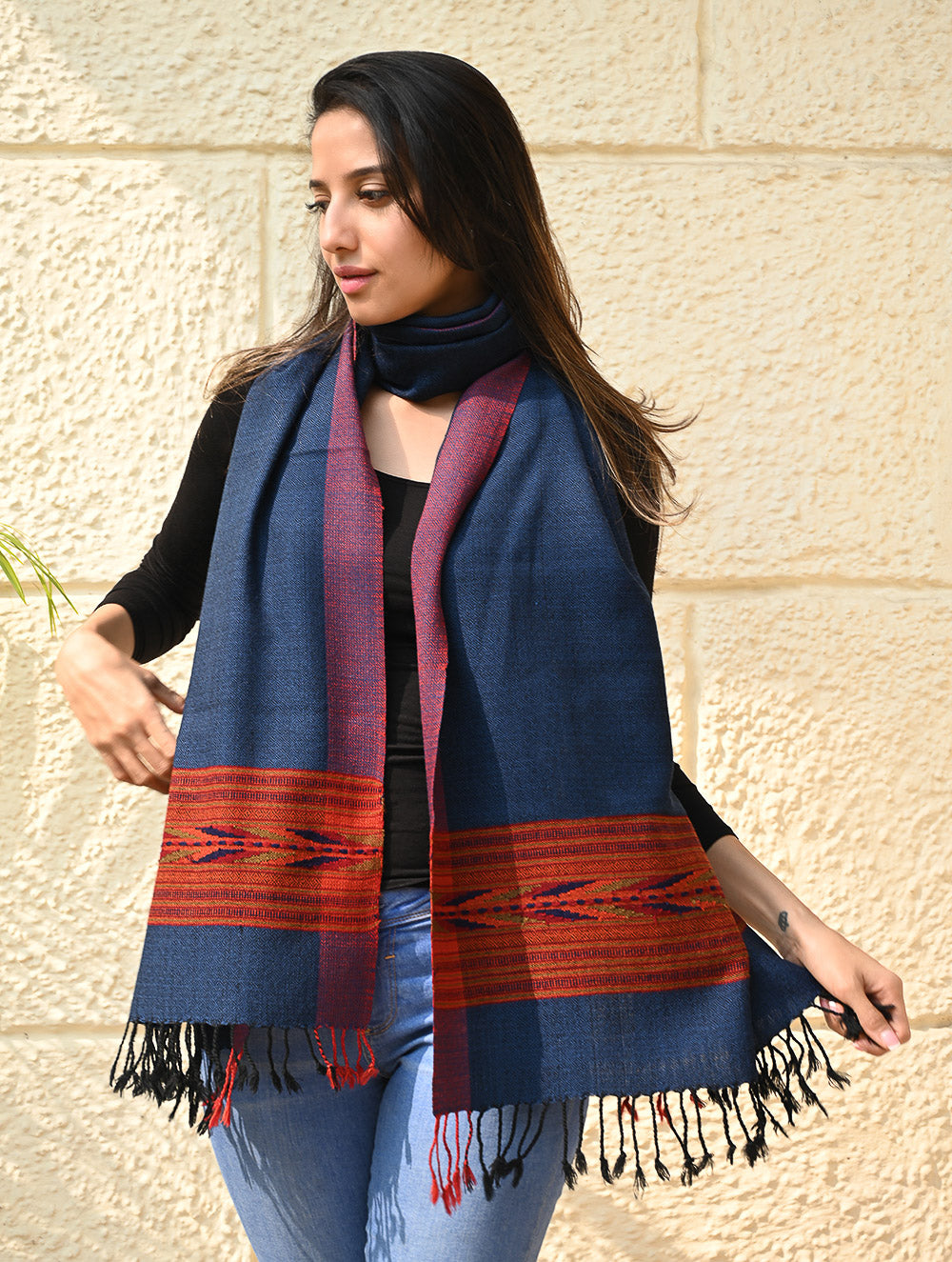 Load image into Gallery viewer, Exclusive Soft Himachal Wool Stole with Woven Border - Midnight Navy
