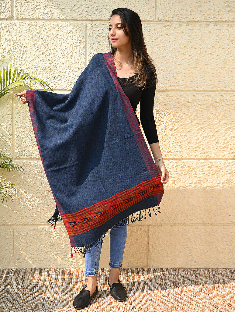 Exclusive Soft Himachal Wool Stole with Woven Border - Midnight Navy