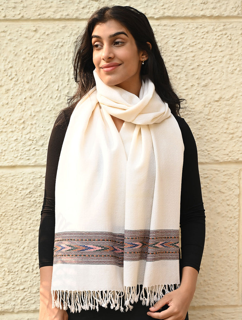 Exclusive Soft Himachal Wool Stole with Woven Border - Moonlight Trail