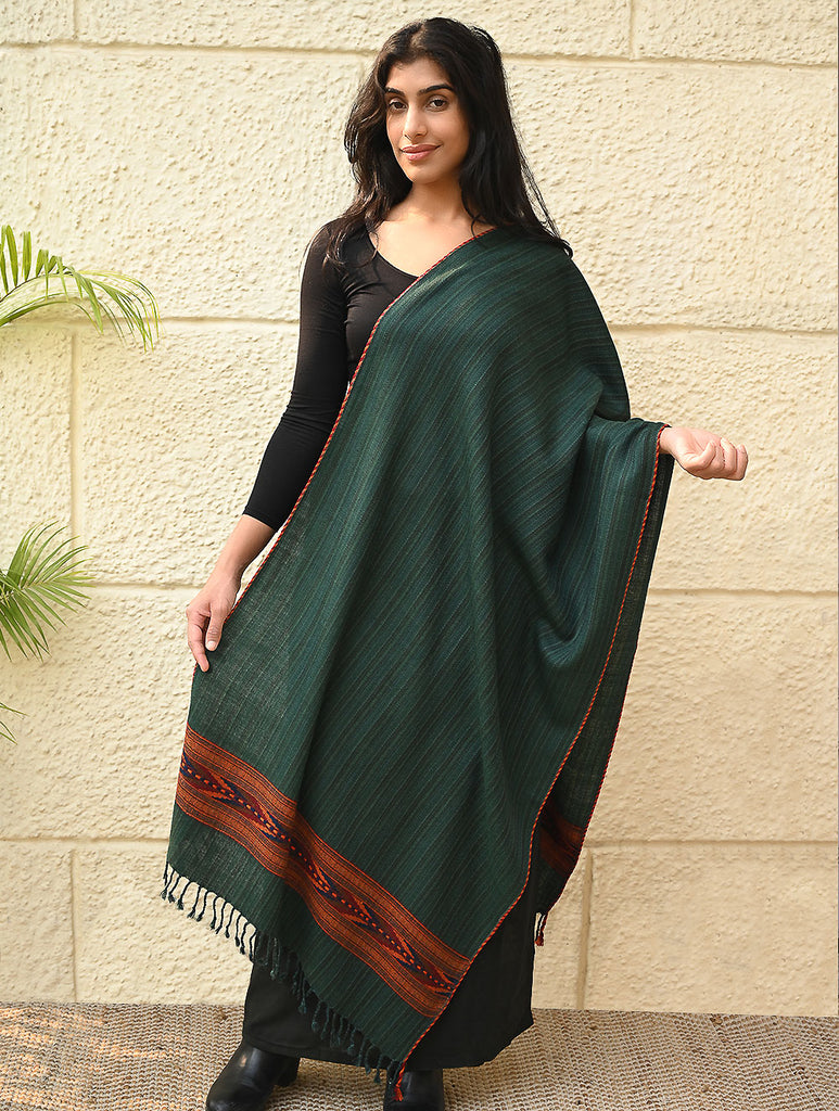 Exclusive Soft Himachal Wool Stole with Woven Border - Moss Trail