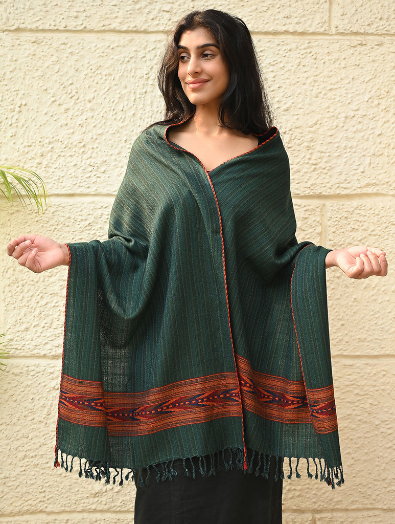 Exclusive Soft Himachal Wool Stole with Woven Border - Moss Trail