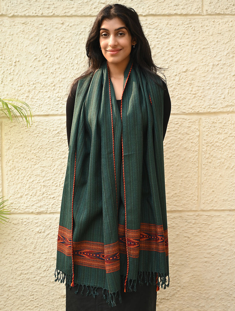 Exclusive Soft Himachal Wool Stole with Woven Border - Moss Trail