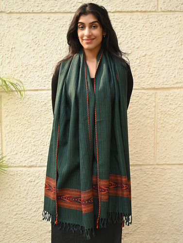 Exclusive Soft Himachal Wool Stole with Woven Border - Moss Trail