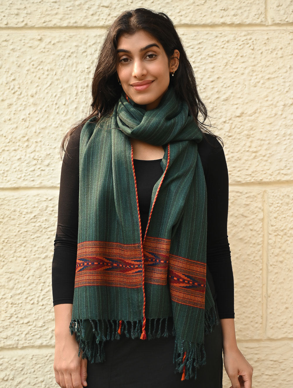 Load image into Gallery viewer, Exclusive Soft Himachal Wool Stole with Woven Border - Moss Trail