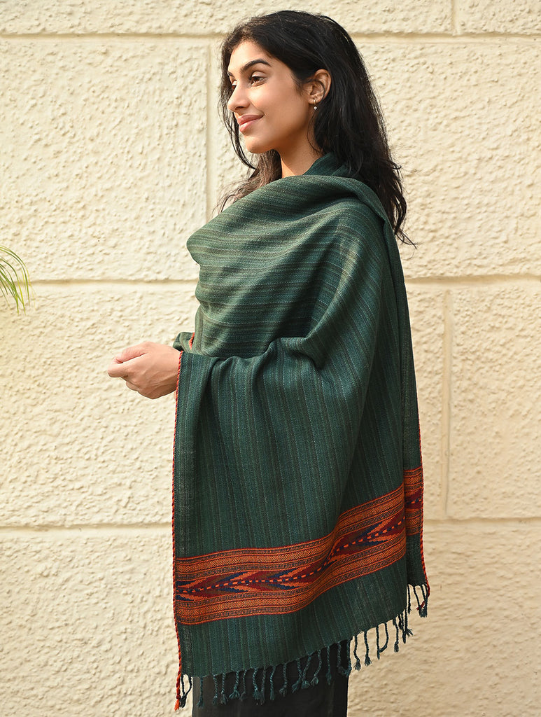 Exclusive Soft Himachal Wool Stole with Woven Border - Moss Trail