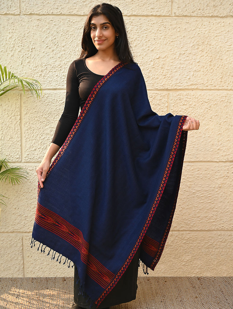 Exclusive Soft Himachal Wool Stole with Woven Border - Mystic Ocean