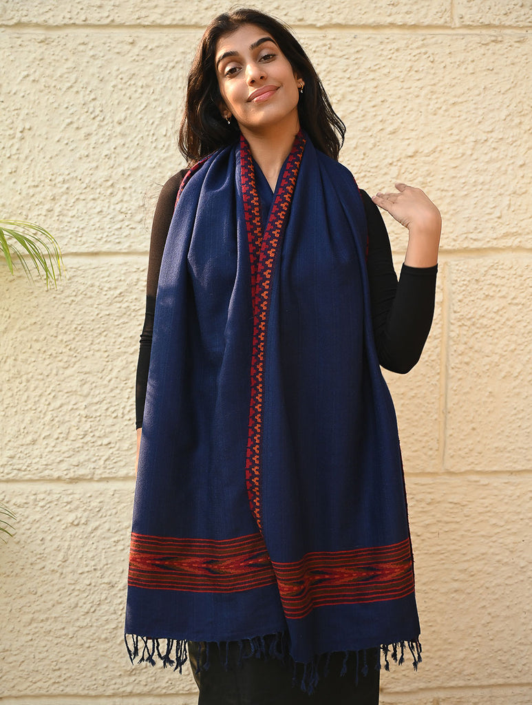 Exclusive Soft Himachal Wool Stole with Woven Border - Mystic Ocean