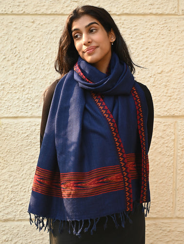 Exclusive Soft Himachal Wool Stole with Woven Border - Mystic Ocean