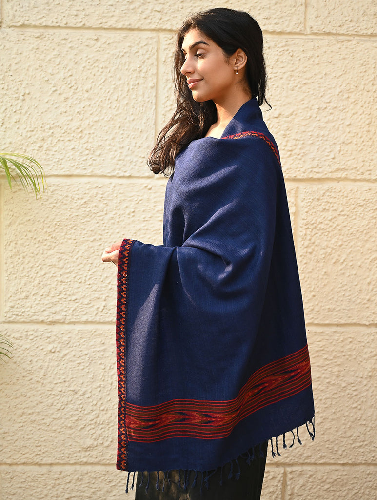 Exclusive Soft Himachal Wool Stole with Woven Border - Mystic Ocean