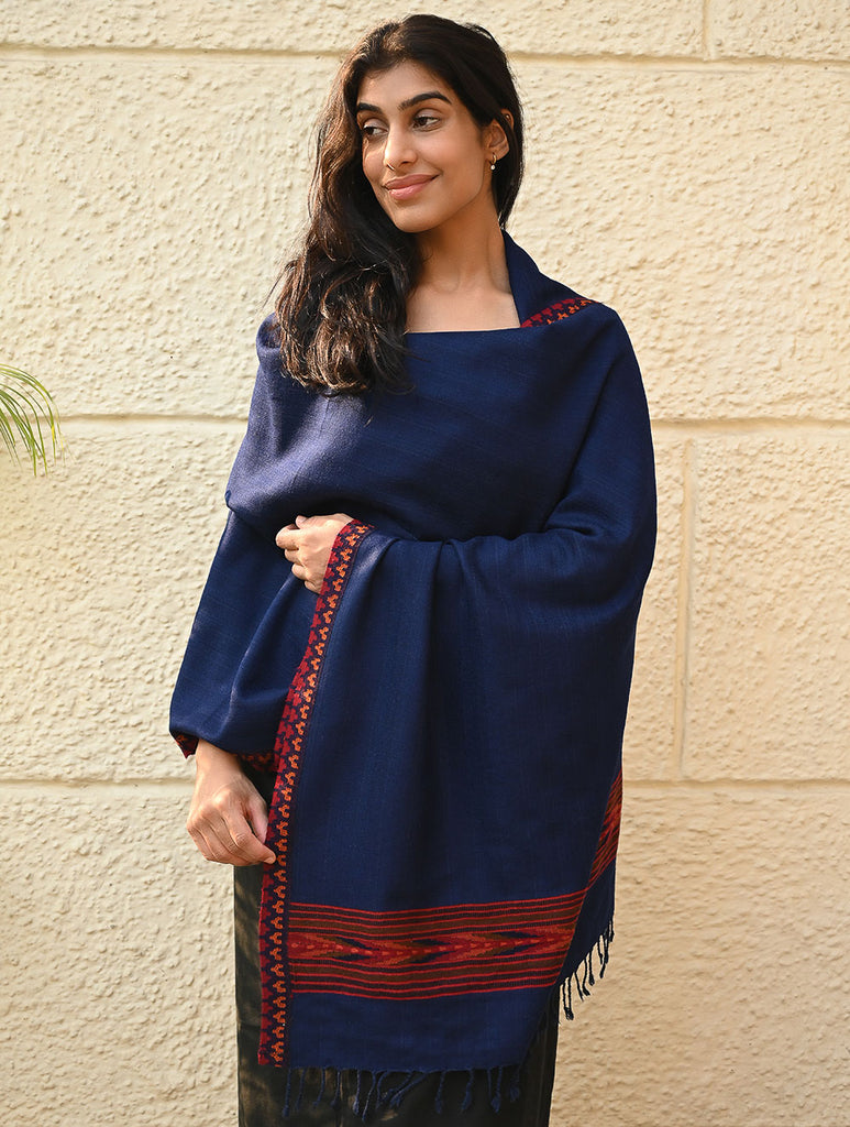 Exclusive Soft Himachal Wool Stole with Woven Border - Mystic Ocean