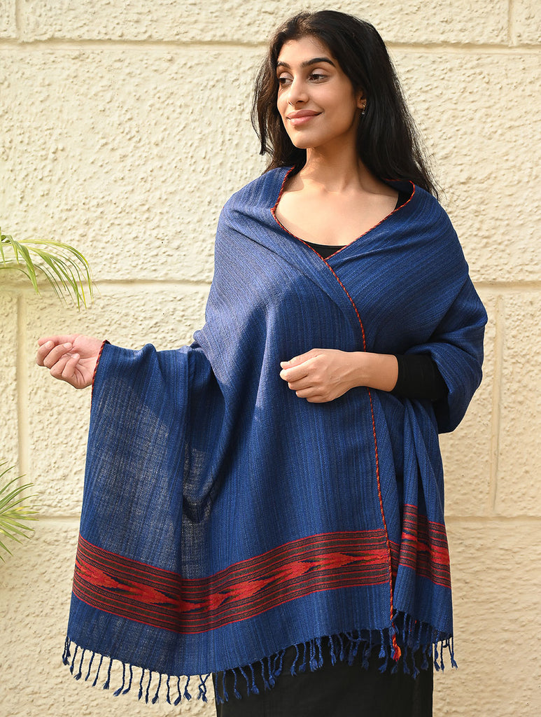 Exclusive Soft Himachal Wool Stole with Woven Border - Ocean Trail