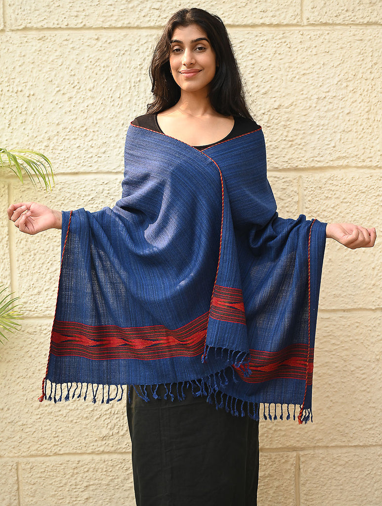 Exclusive Soft Himachal Wool Stole with Woven Border - Ocean Trail