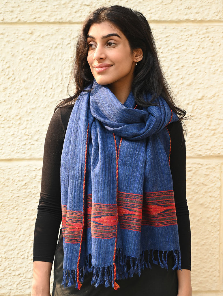 Exclusive Soft Himachal Wool Stole with Woven Border - Ocean Trail
