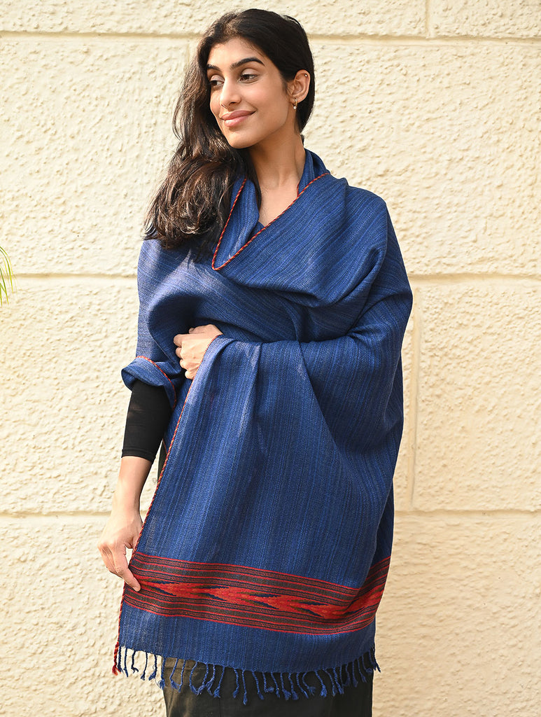 Exclusive Soft Himachal Wool Stole with Woven Border - Ocean Trail