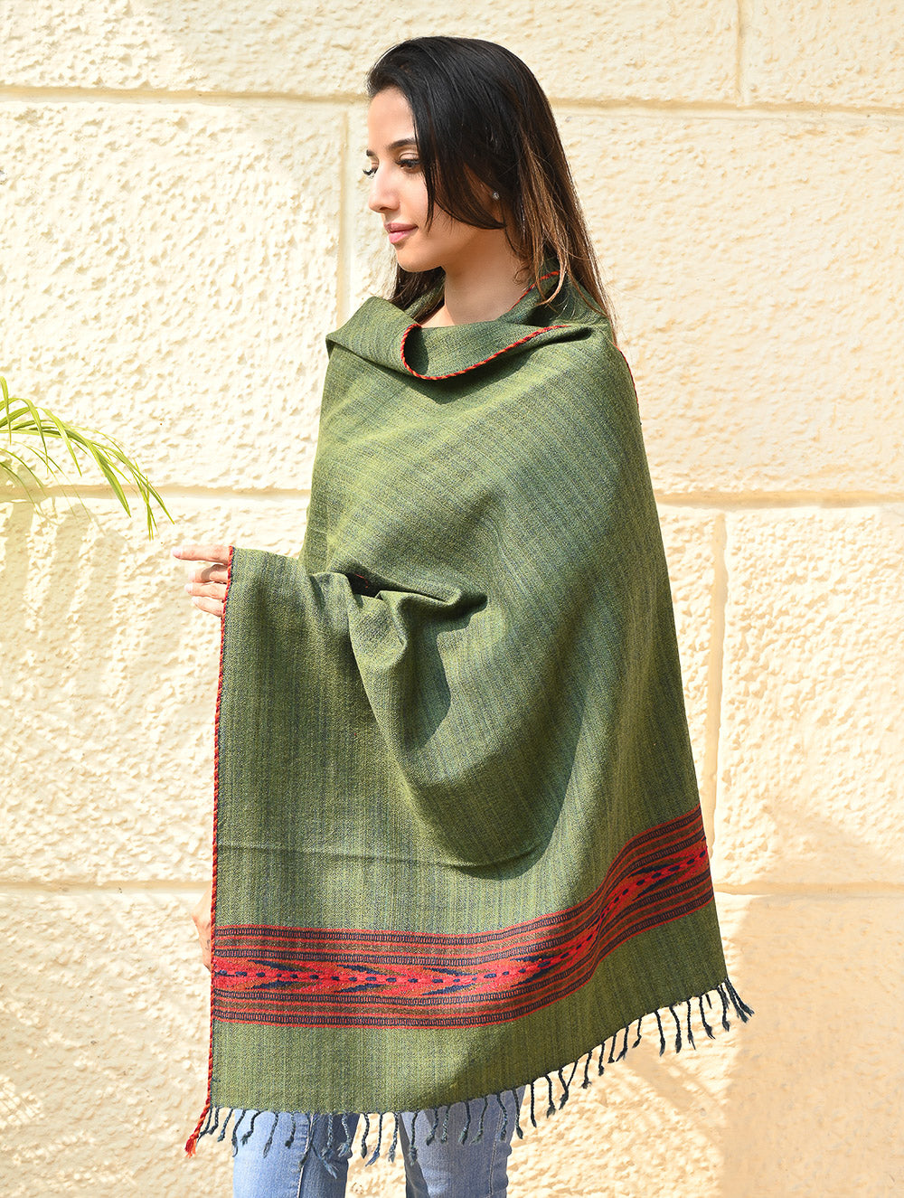 Load image into Gallery viewer, Exclusive Soft Himachal Wool Stole with Woven Border - Pine &amp; Rust