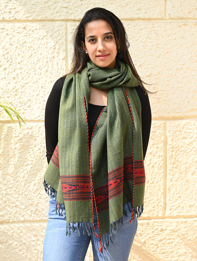 Exclusive Soft Himachal Wool Stole with Woven Border - Pine & Rust