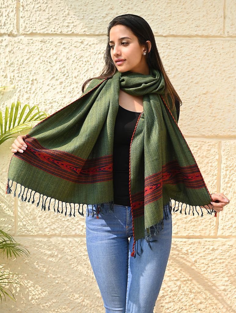 Exclusive Soft Himachal Wool Stole with Woven Border - Pine & Rust
