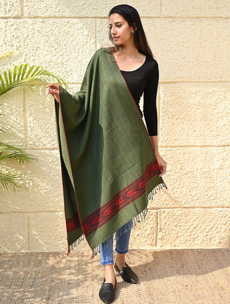 Exclusive Soft Himachal Wool Stole with Woven Border - Pine & Rust