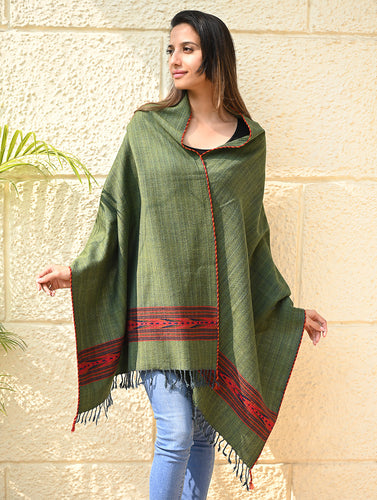 Exclusive Soft Himachal Wool Stole with Woven Border - Pine & Rust