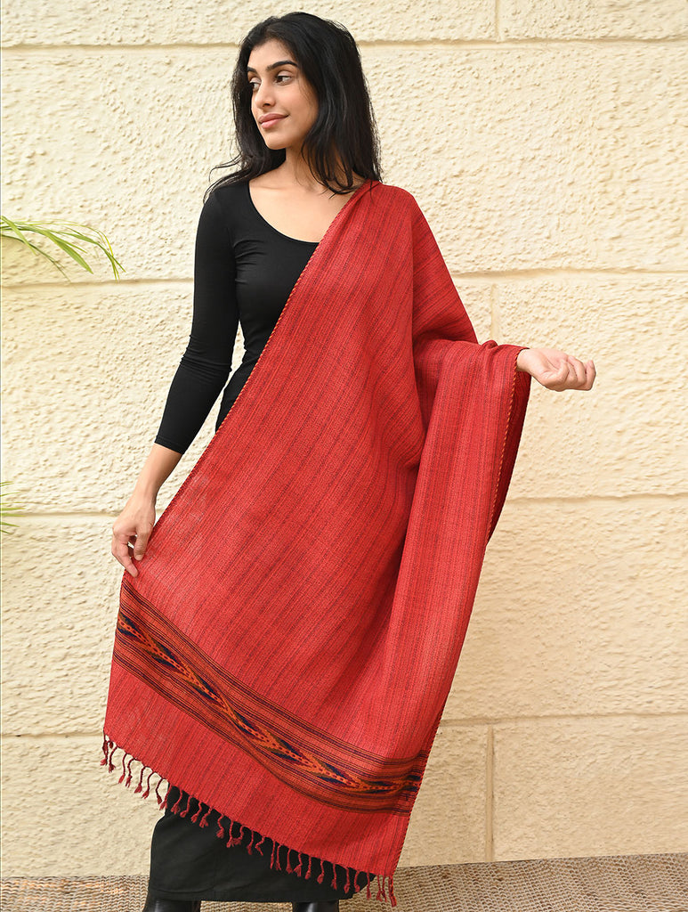 Exclusive Soft Himachal Wool Stole with Woven Border - Redwood Ember
