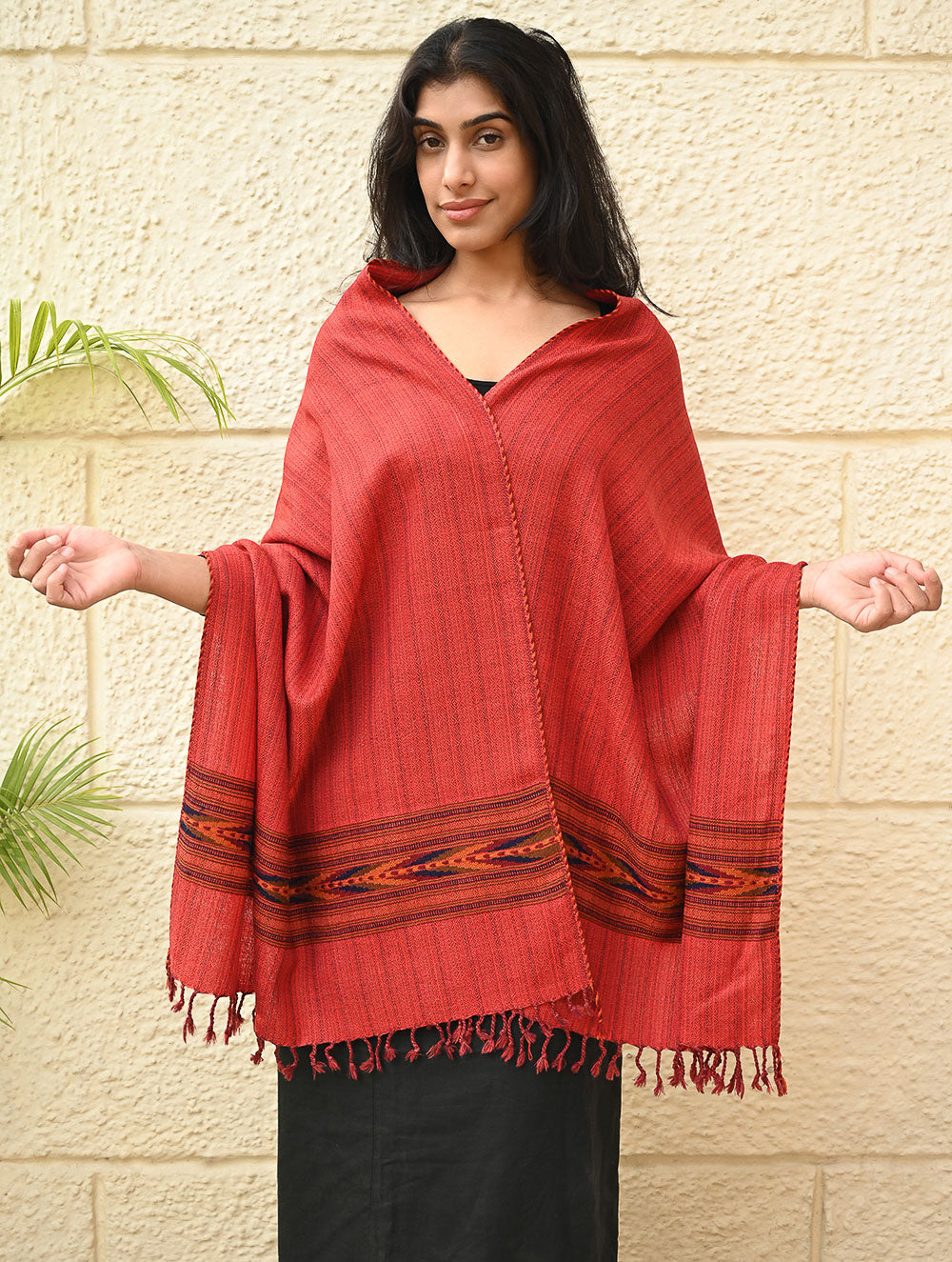 Load image into Gallery viewer, Exclusive Soft Himachal Wool Stole with Woven Border - Redwood Ember