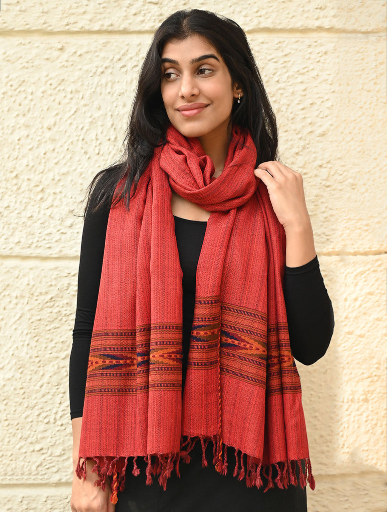 Exclusive Soft Himachal Wool Stole with Woven Border - Redwood Ember