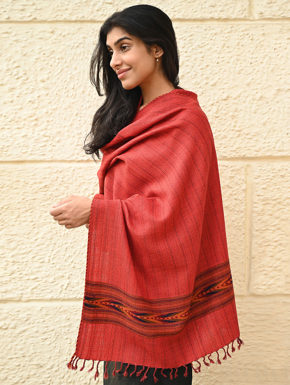 Load image into Gallery viewer, Exclusive Soft Himachal Wool Stole with Woven Border - Redwood Ember