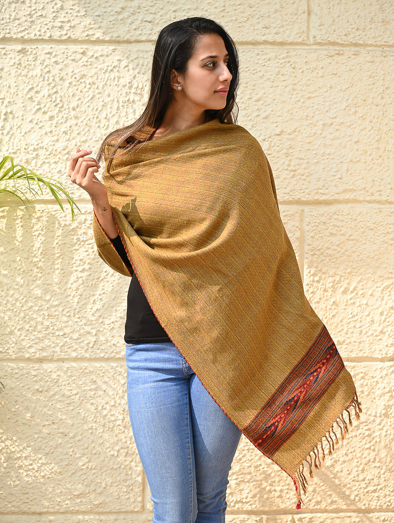 Exclusive Soft Himachal Wool Stole with Woven Border - Sandstone
