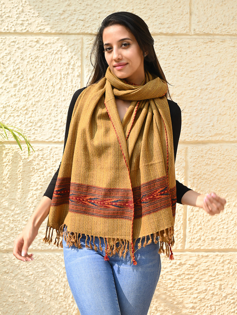 Exclusive Soft Himachal Wool Stole with Woven Border - Sandstone