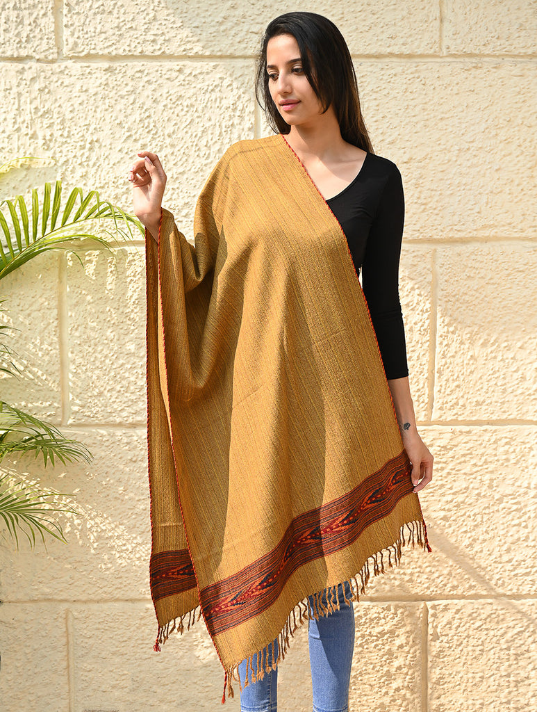 Exclusive Soft Himachal Wool Stole with Woven Border - Sandstone