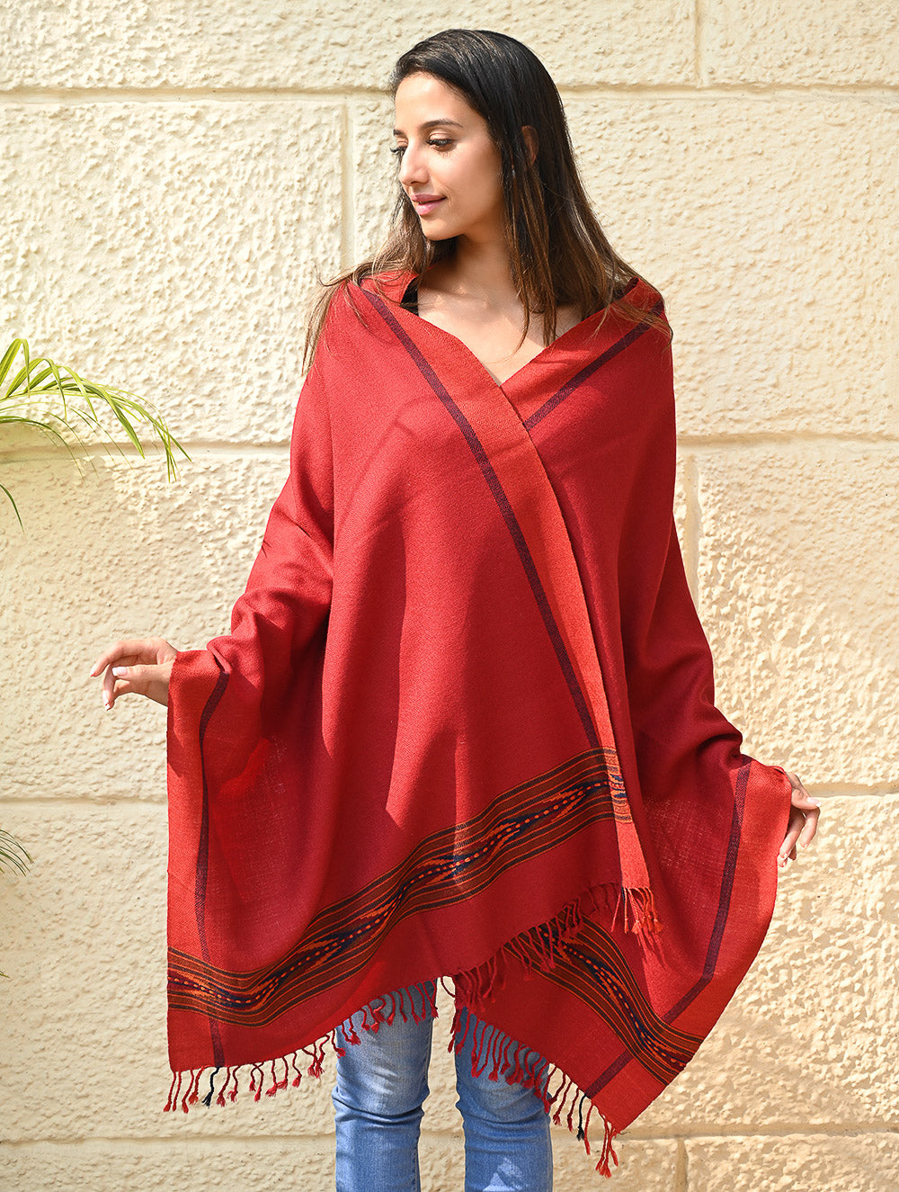 Load image into Gallery viewer, Exclusive Soft Himachal Wool Stole with Woven Border - Scarlet Trail