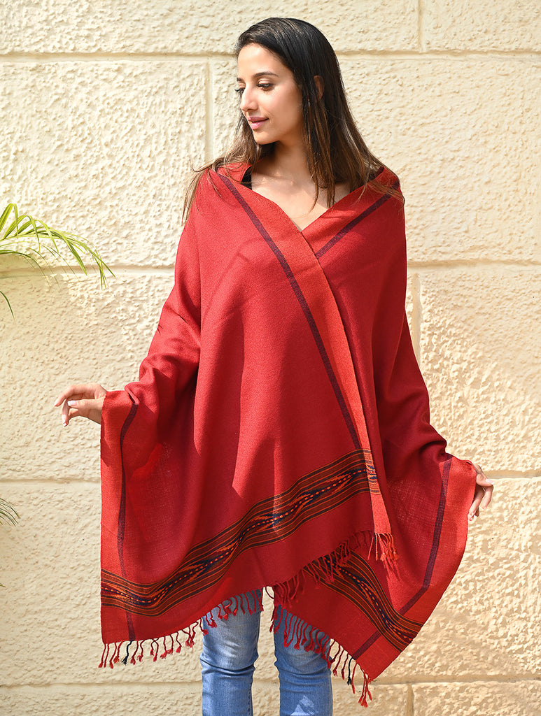 Exclusive Soft Himachal Wool Stole with Woven Border - Scarlet Trail