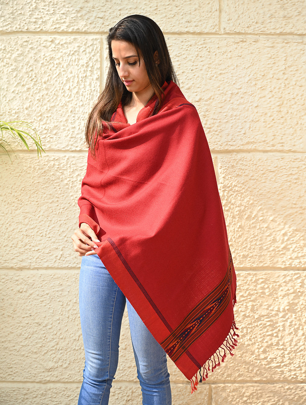 Load image into Gallery viewer, Exclusive Soft Himachal Wool Stole with Woven Border - Scarlet Trail