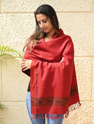 Exclusive Soft Himachal Wool Stole with Woven Border - Scarlet Trail