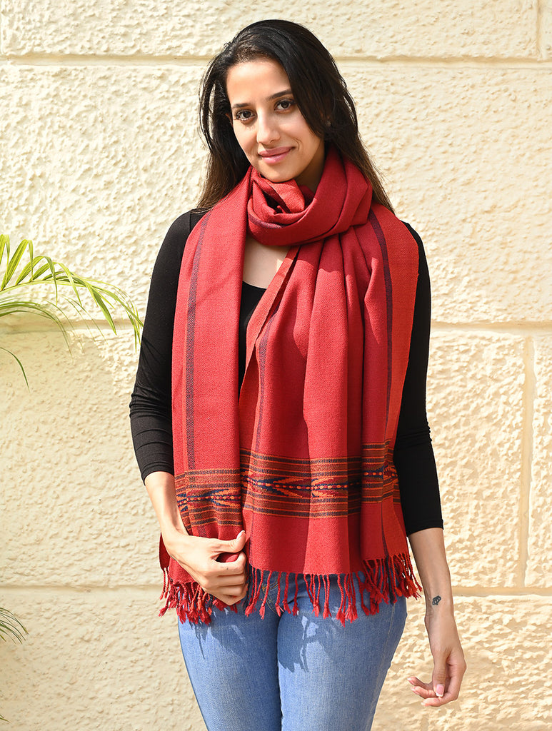 Exclusive Soft Himachal Wool Stole with Woven Border - Scarlet Trail