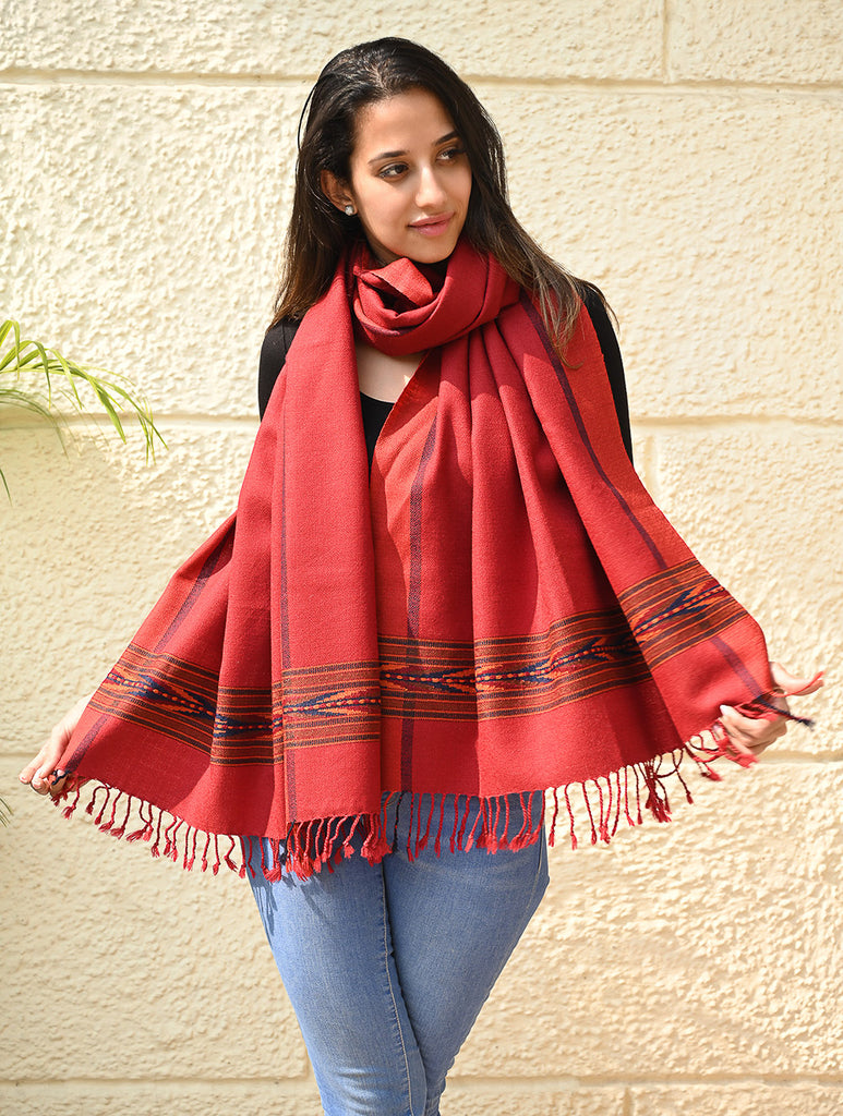 Exclusive Soft Himachal Wool Stole with Woven Border - Scarlet Trail