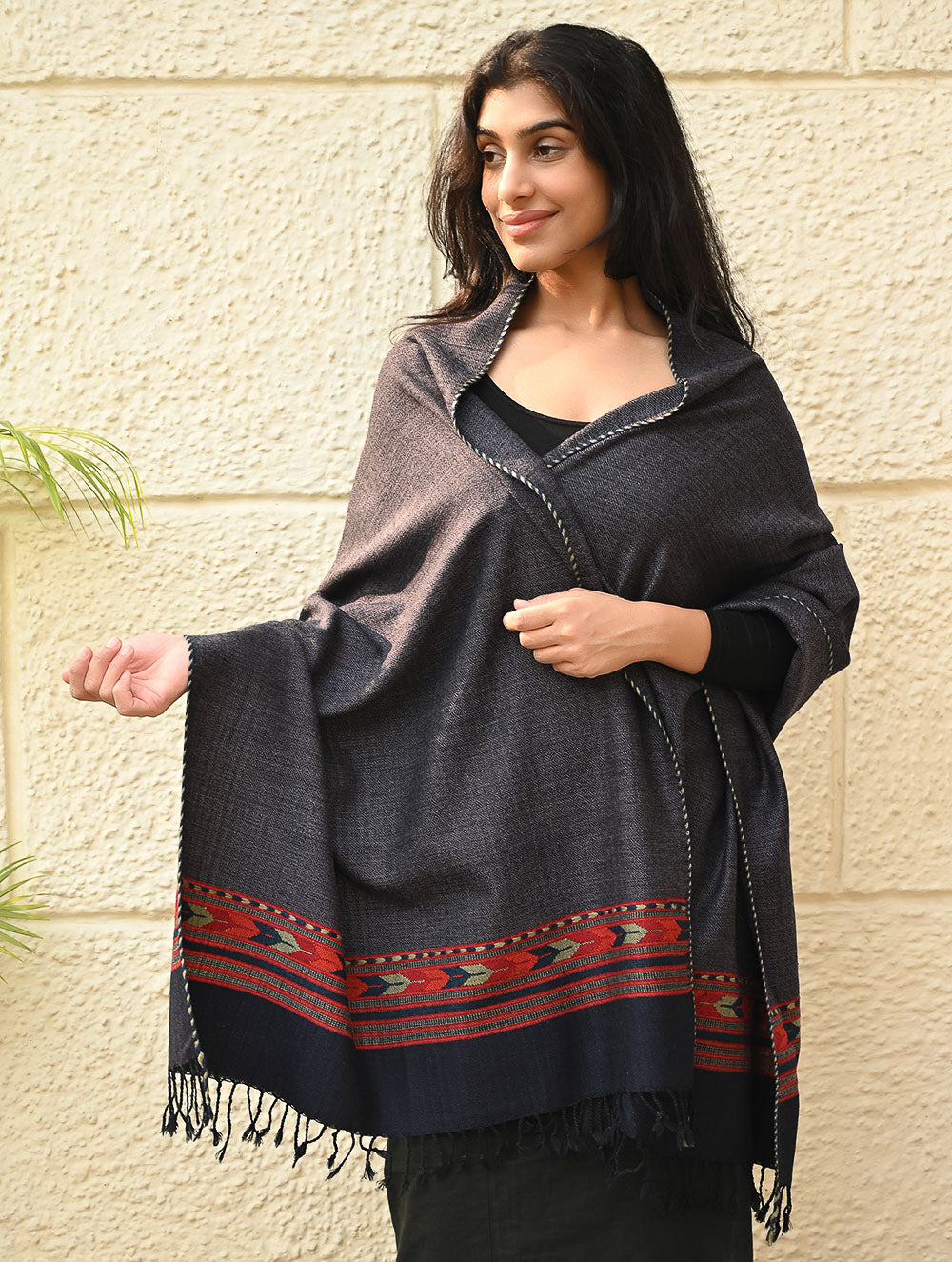 Load image into Gallery viewer, Exclusive Soft Himachal Wool Stole with Woven Border - Smoky Trail