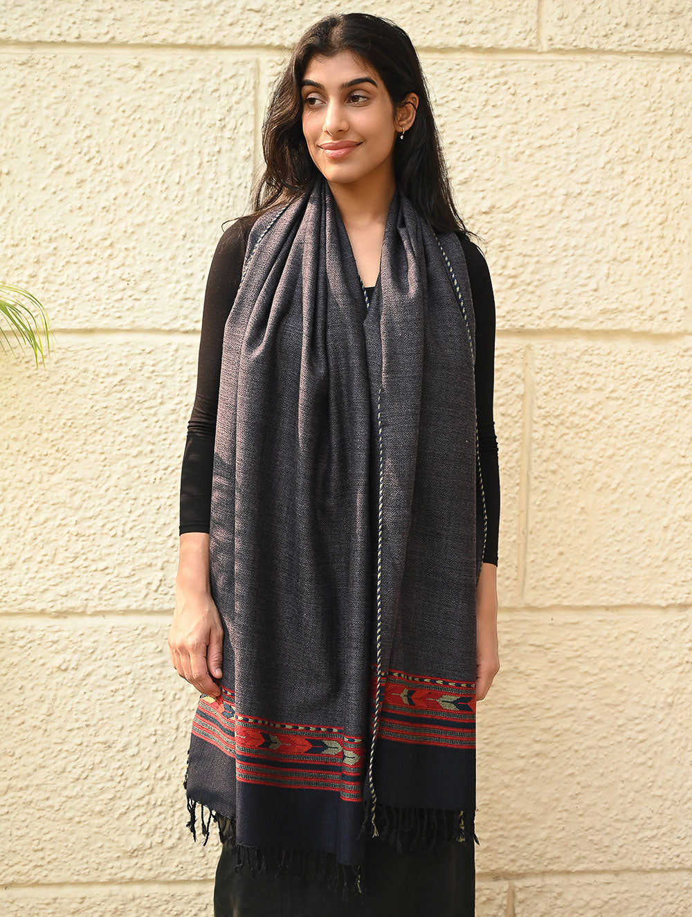 Load image into Gallery viewer, Exclusive Soft Himachal Wool Stole with Woven Border - Smoky Trail