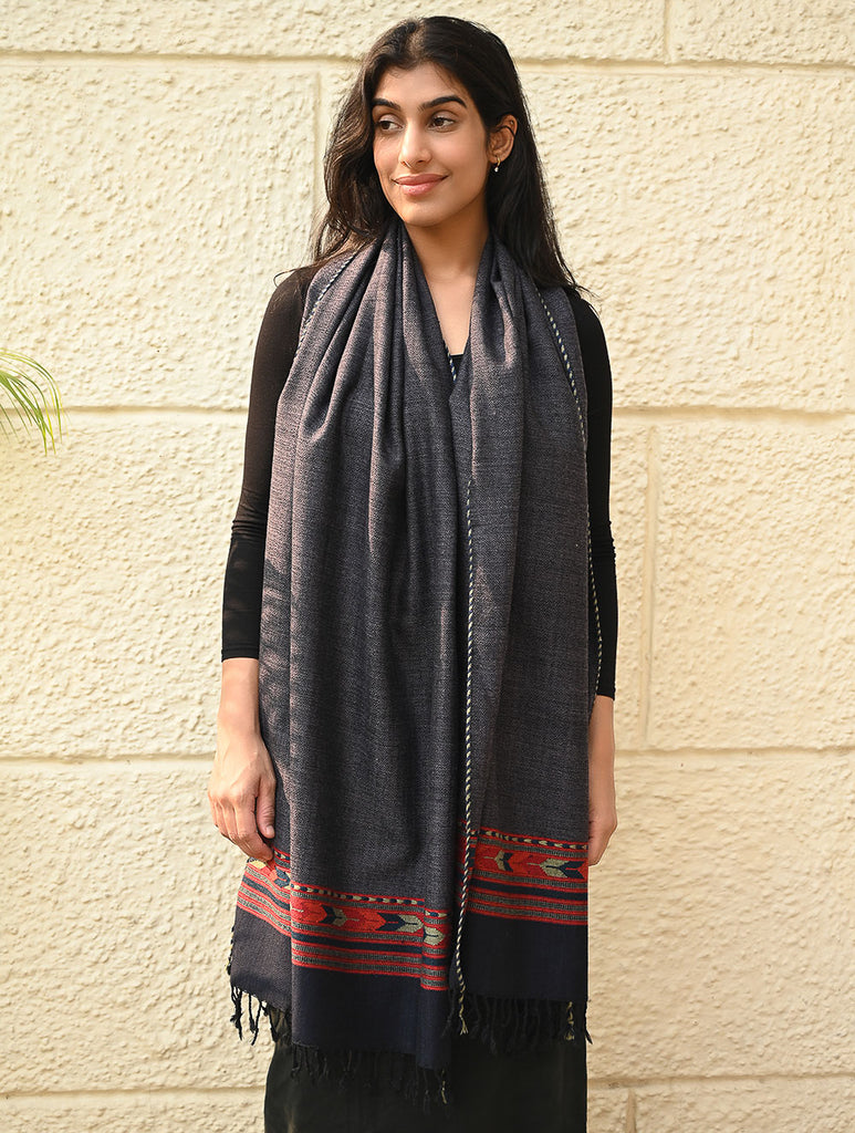 Exclusive Soft Himachal Wool Stole with Woven Border - Smoky Trail